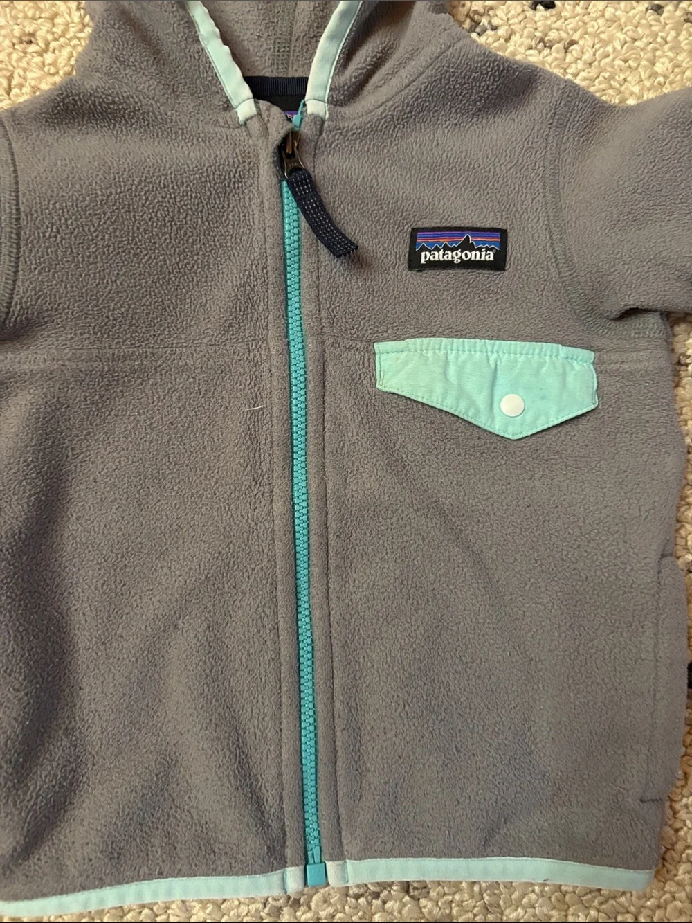 Patagonia Kids' Gray Fleece Hoodie with Mint Trim 6-12m